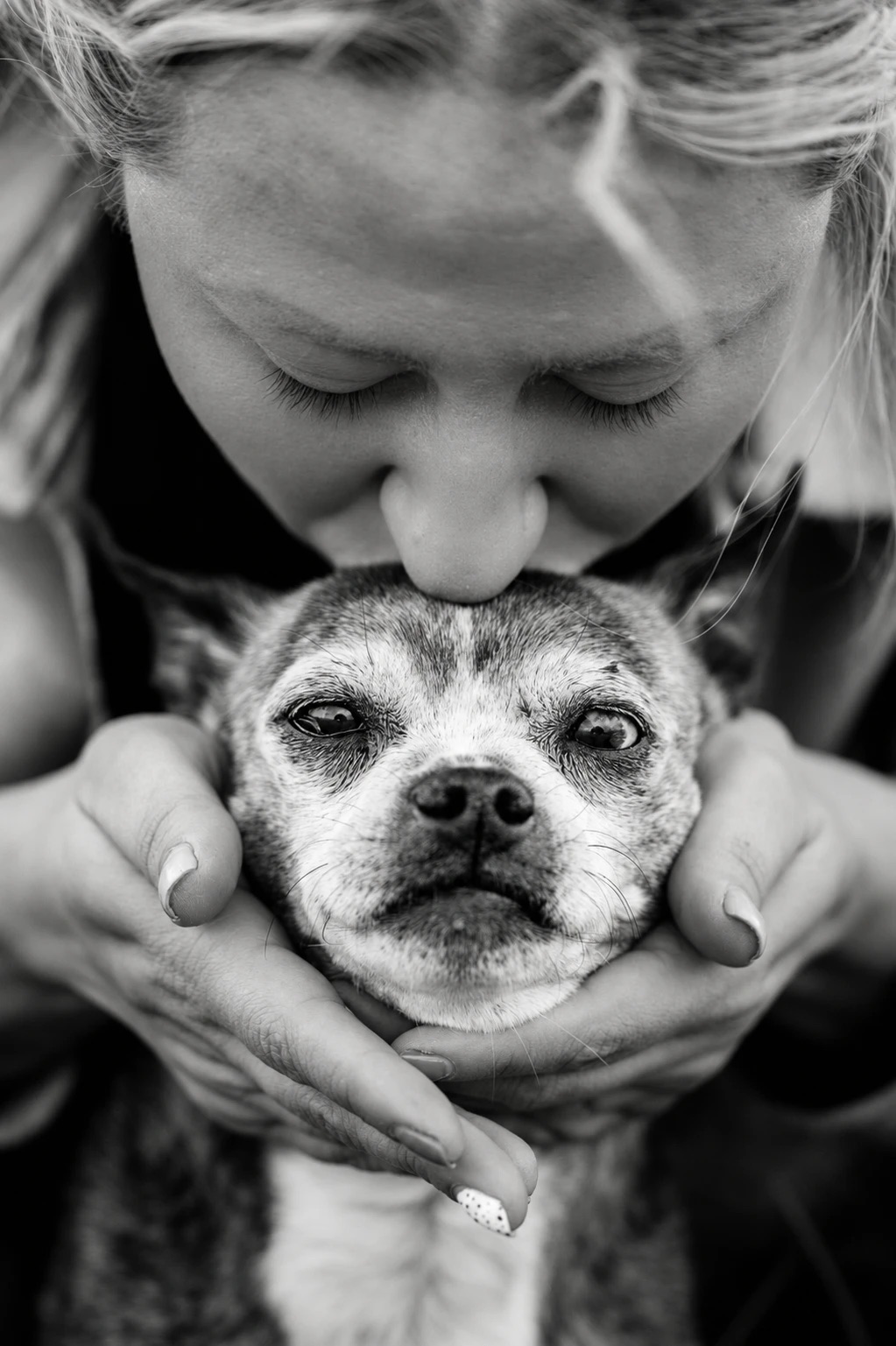 A woman kissing her old dog on the head, holding his face in her hands